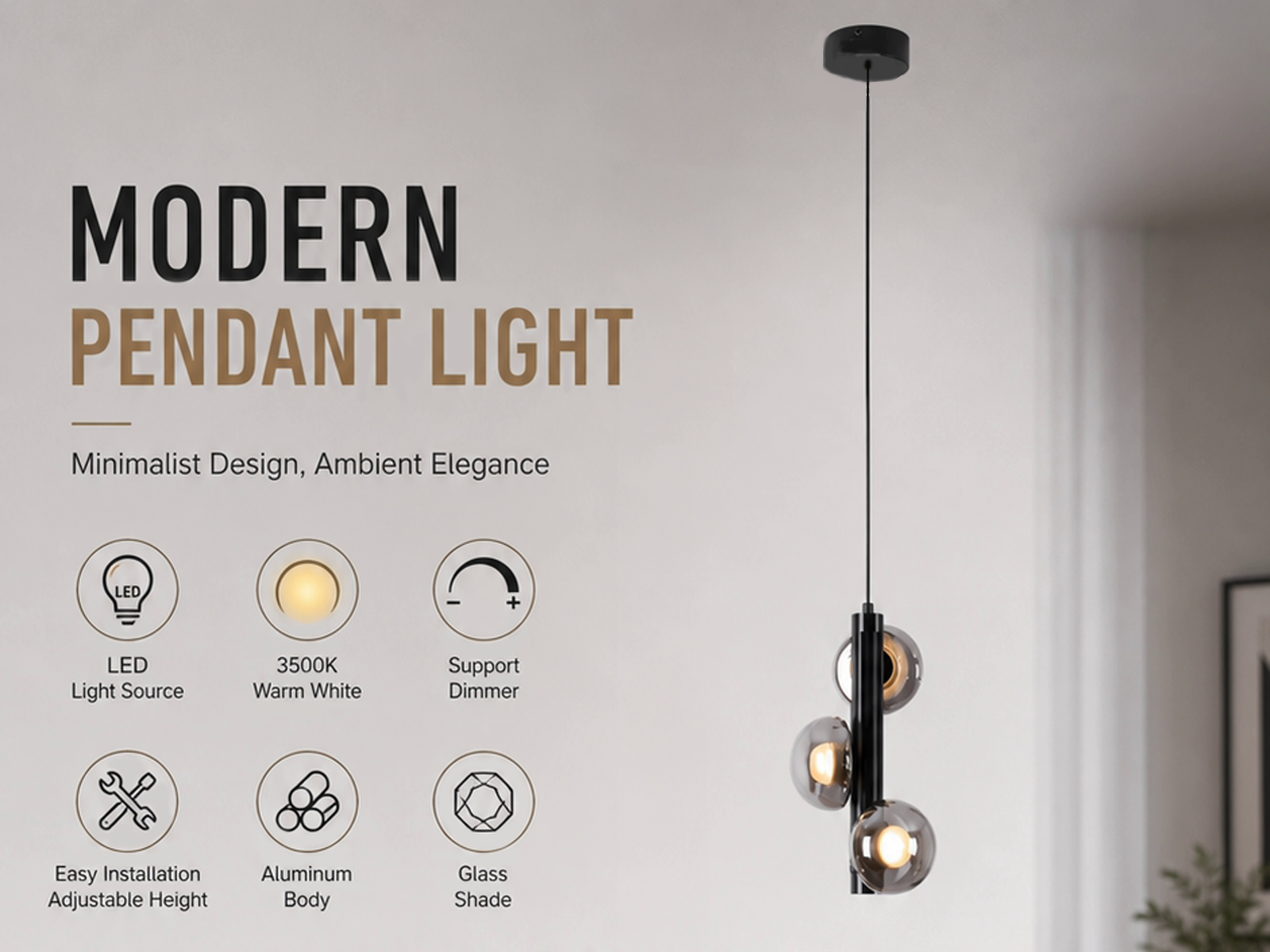 The Stellar mini pendant chandelier featuring three smoky glass orb shades on vertical black column