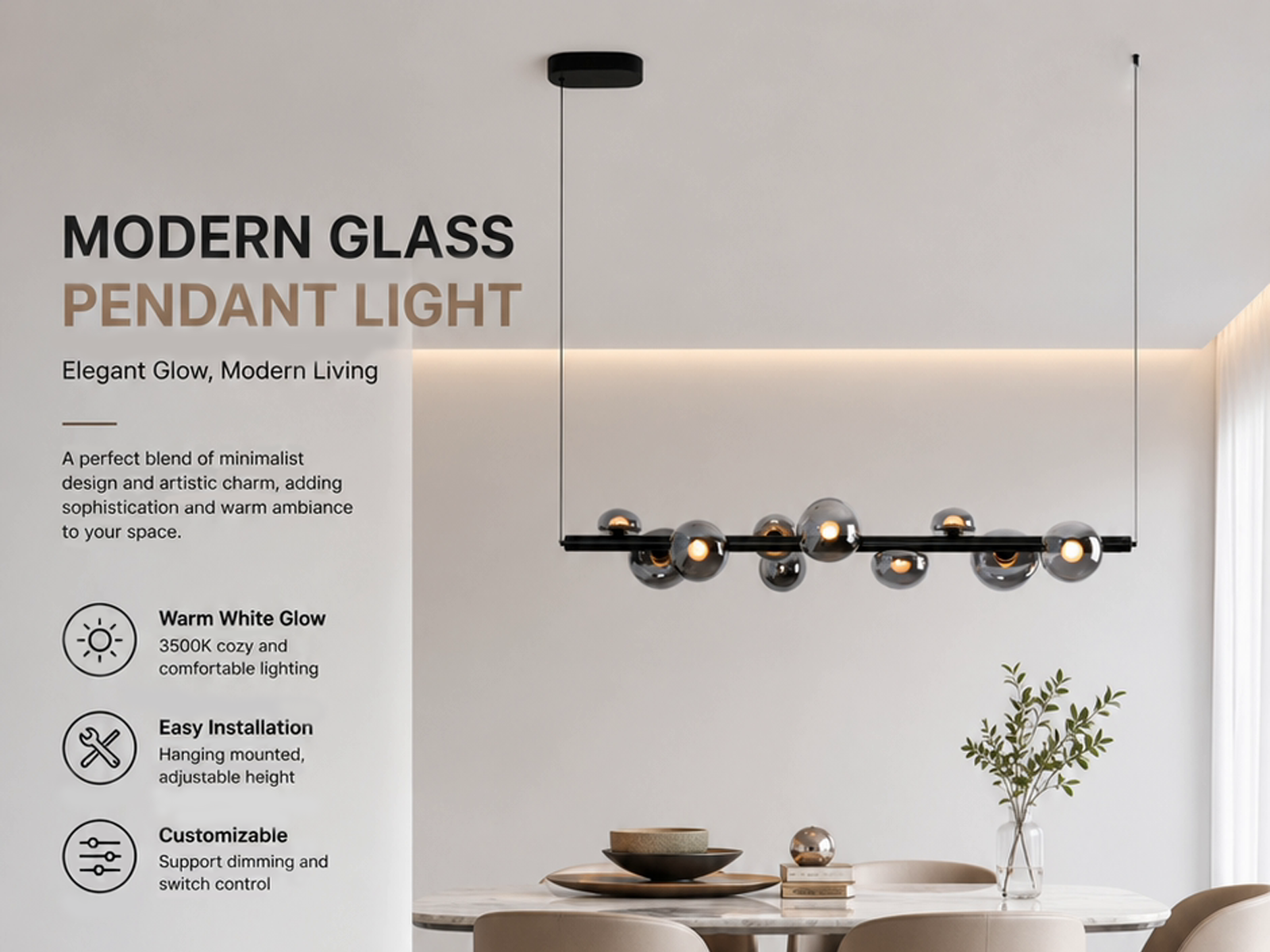 The Constellation smoky glass sphere linear chandelier hanging over a modern marble reception desk