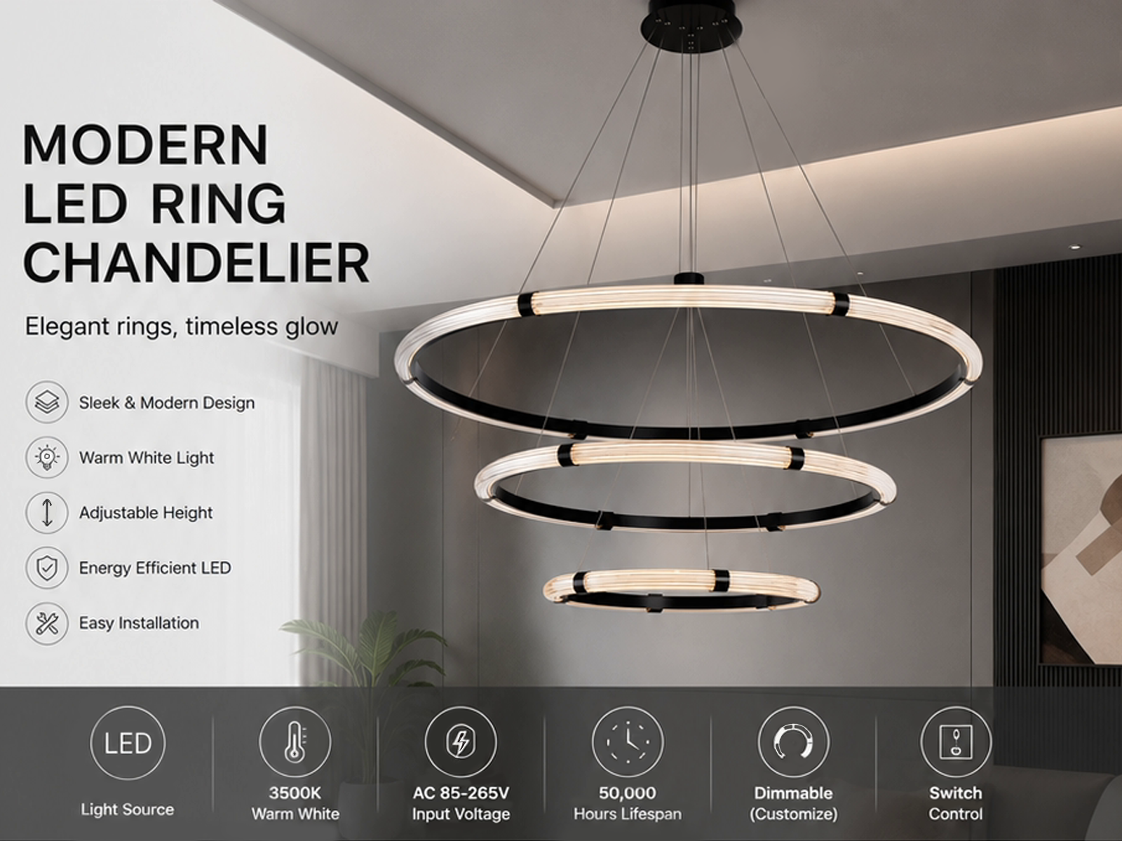 The Aura cascading 3 ring LED pendant fixture glowing warm white against dark background
