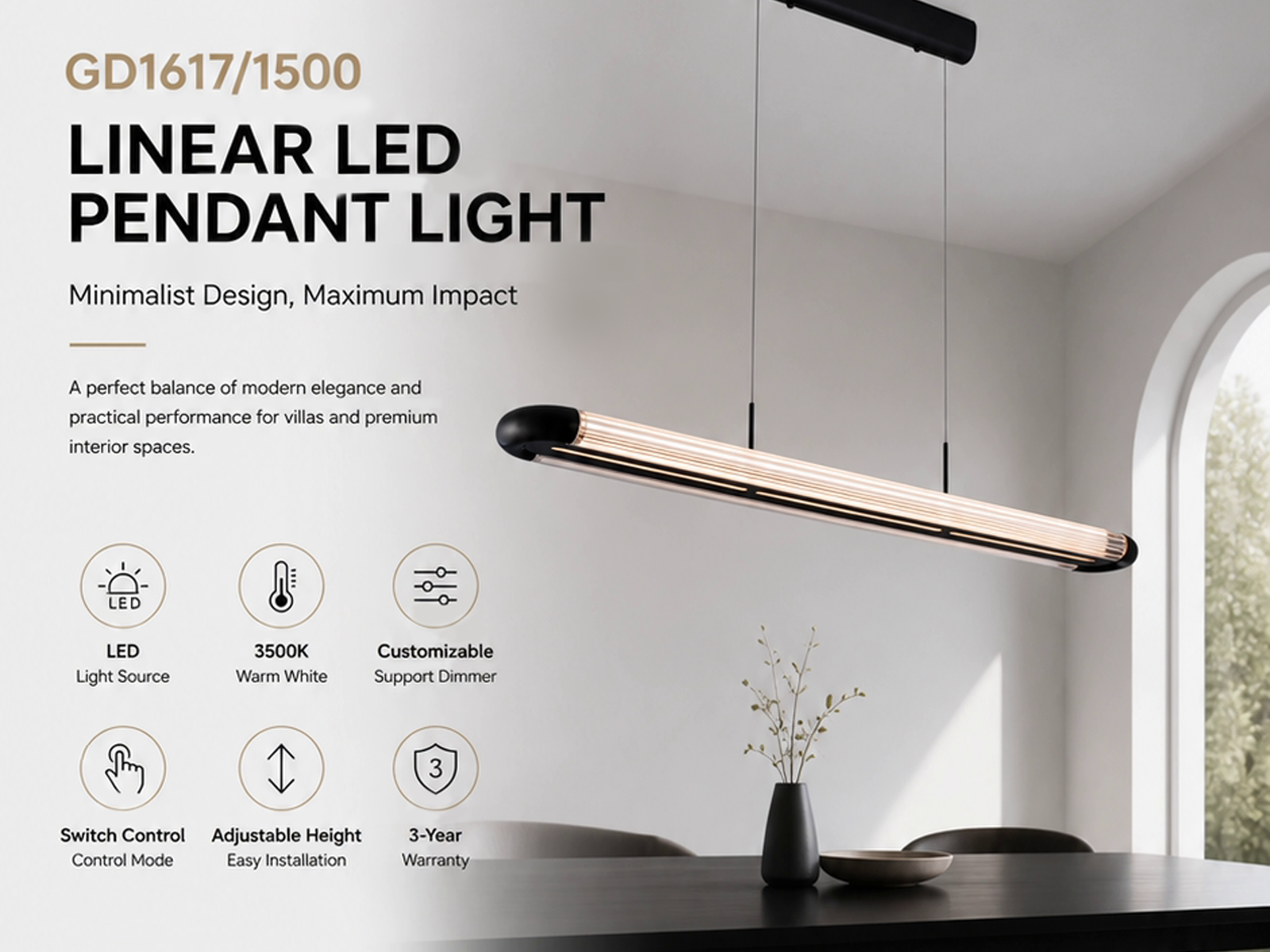 The Ray modern matte black linear pendant light with ribbed clear acrylic tube diffuser