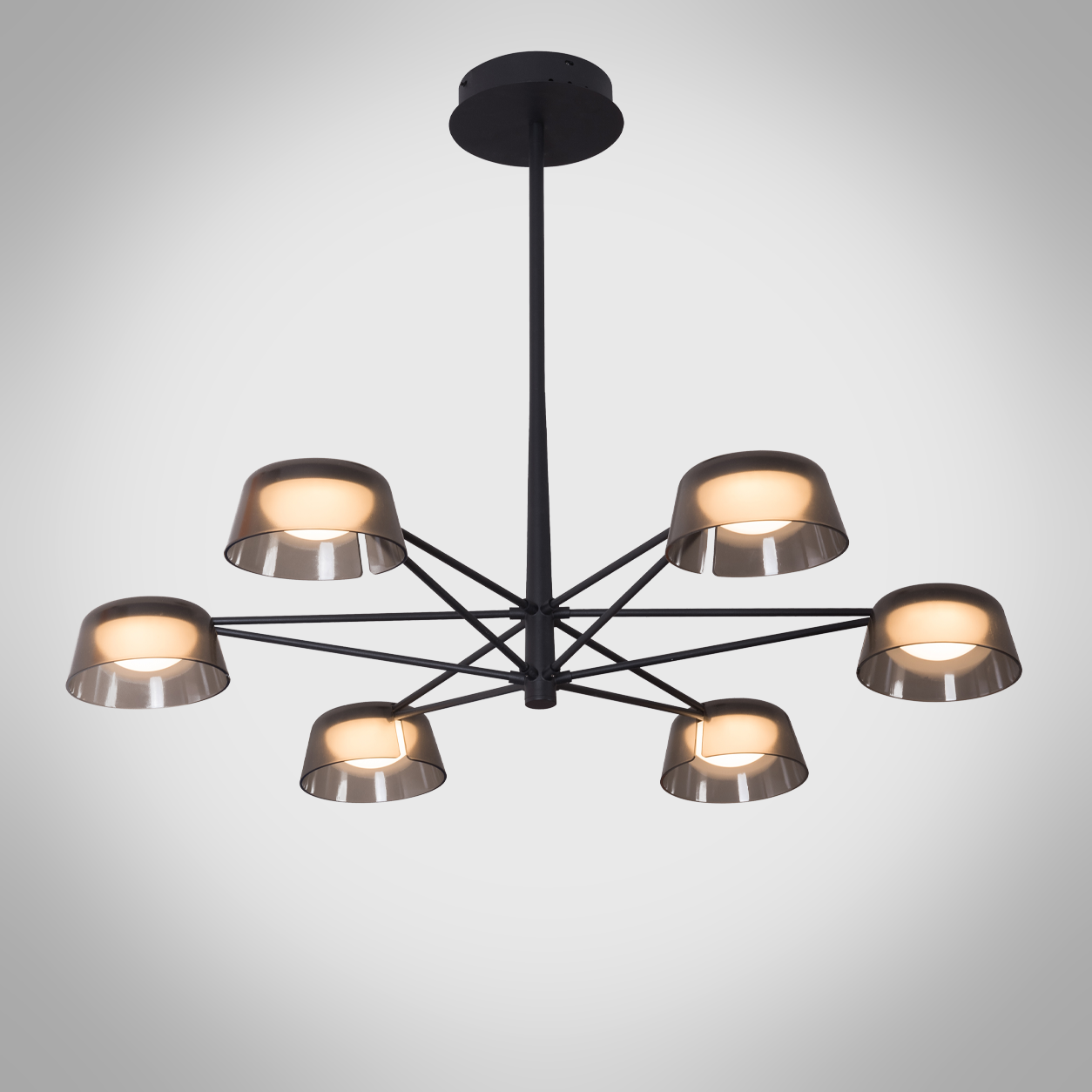 The Stellar 6-arm matte black iron modern chandelier with illuminated smoked grey acrylic cup shades