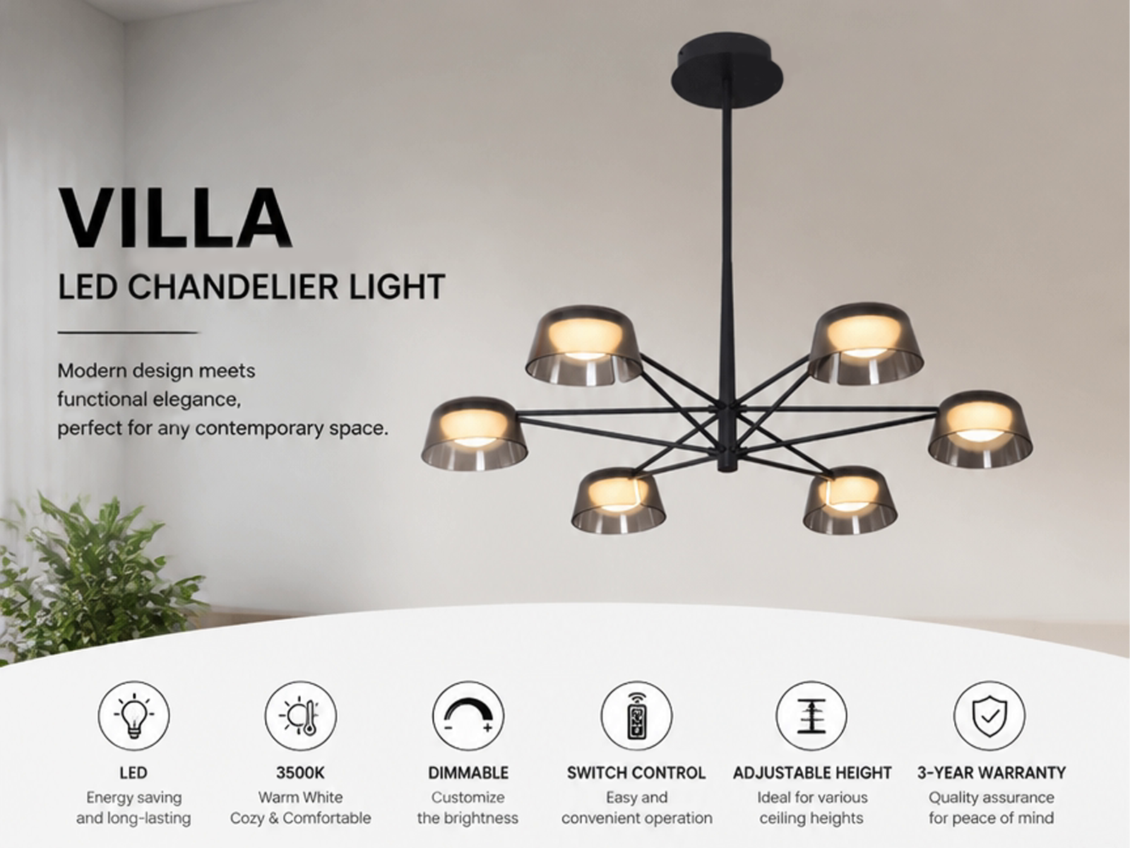 The Stellar 6-arm matte black iron modern chandelier with illuminated smoked grey acrylic cup shades