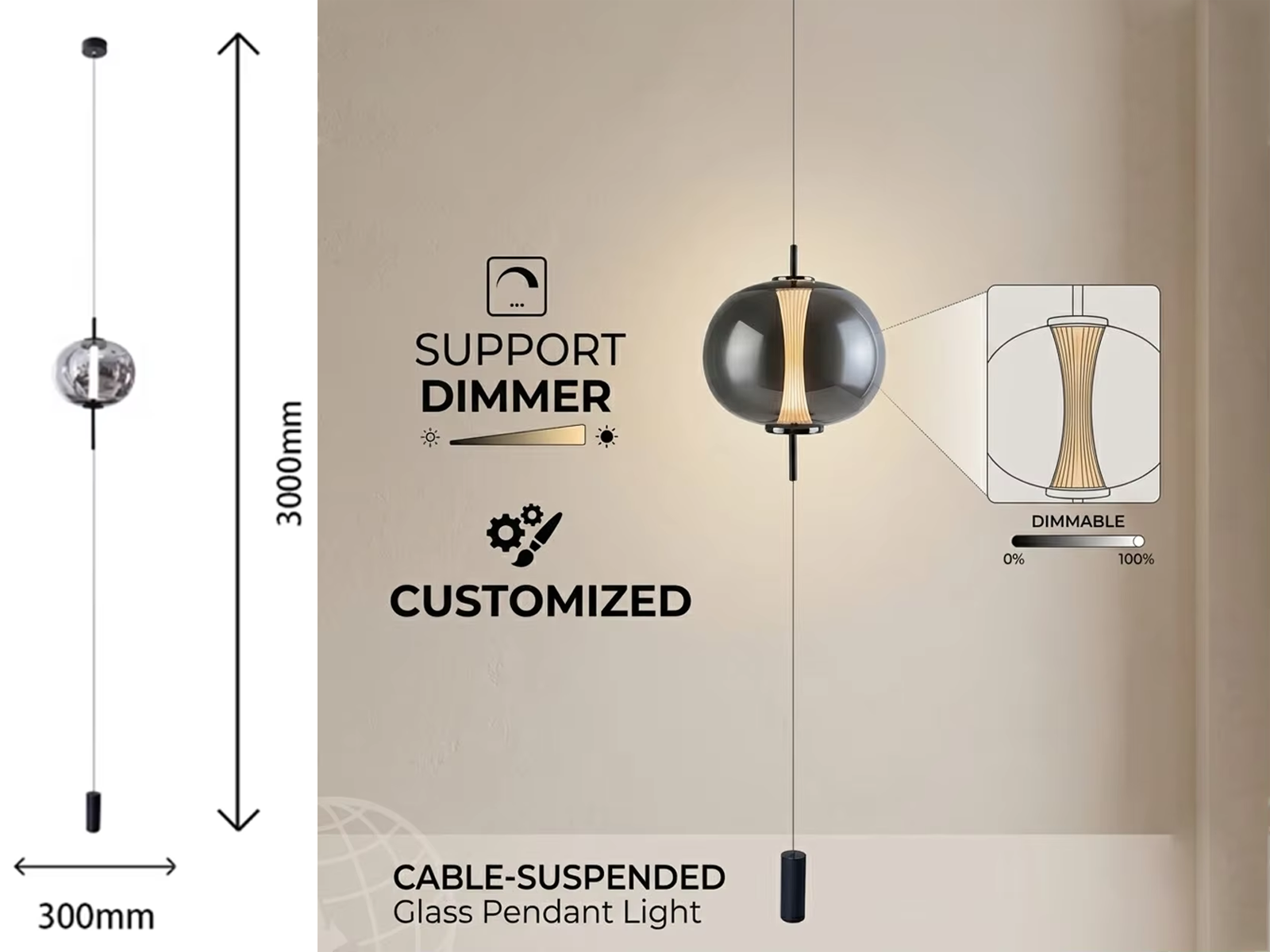 The Solstice modern glass globe pendant light suspended with bottom counterweight cylinder
