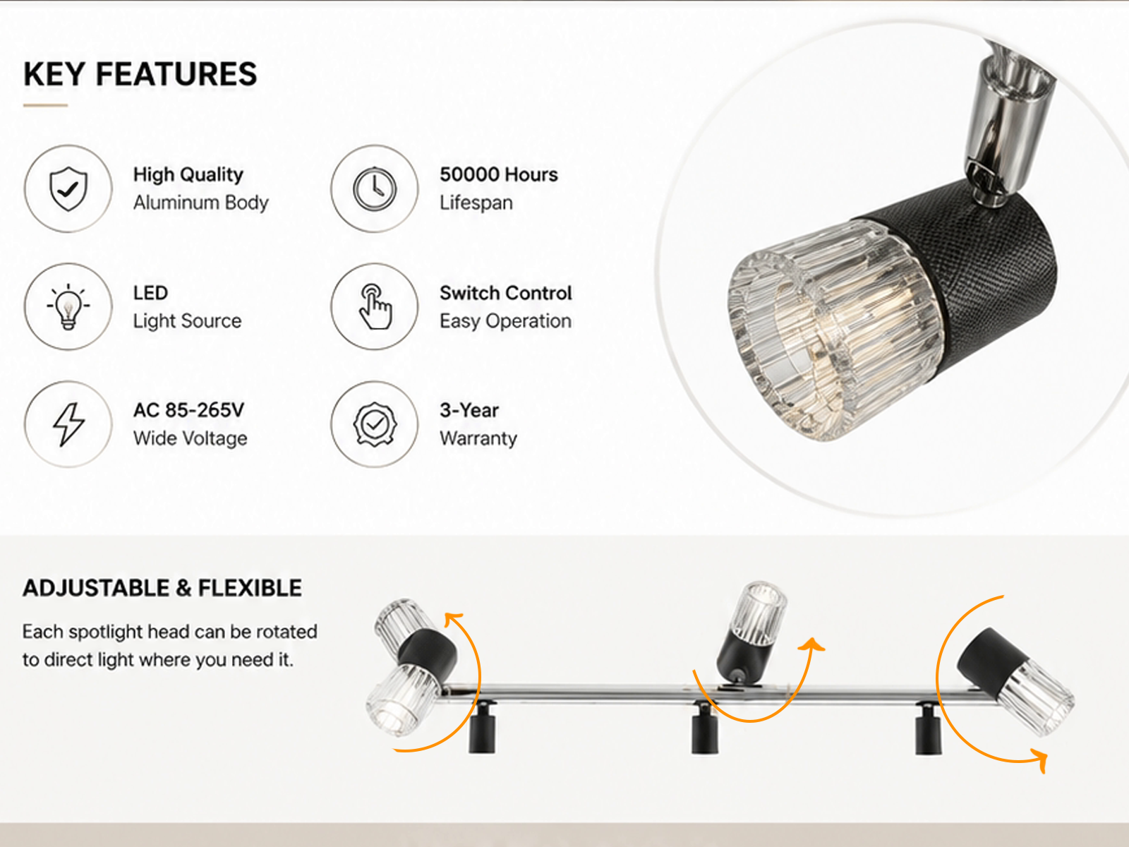 Close up of diamond knurled black metal spotlight socket with fluted glass shade attached to chrome swivel joint