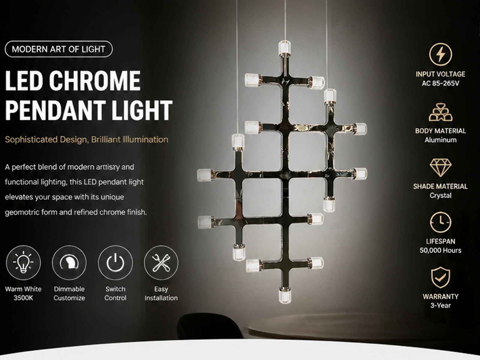 The Lattice modular chrome grid chandelier with multi directional crystal light heads hanging against wall