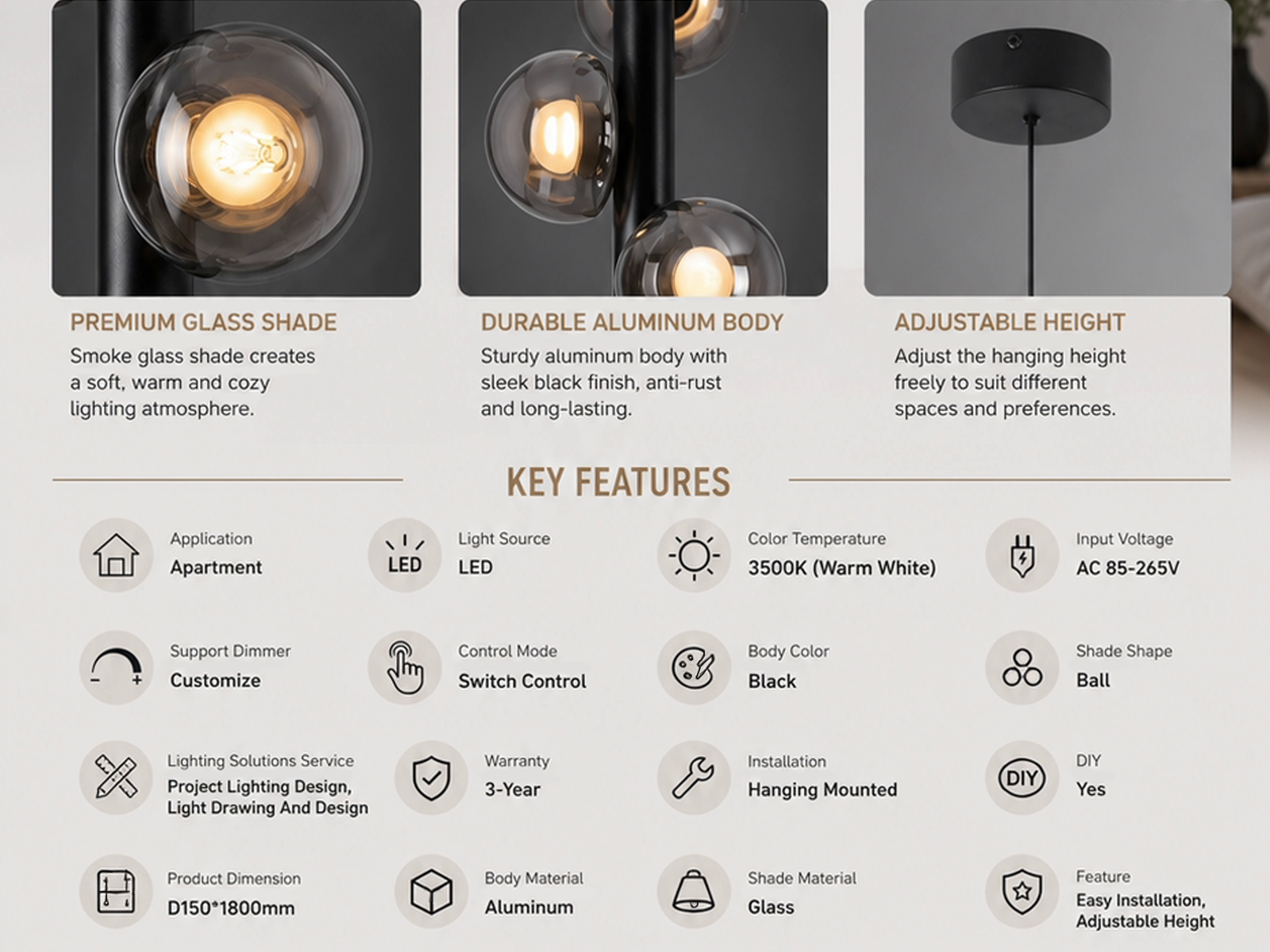 The Stellar mini pendant chandelier featuring three smoky glass orb shades on vertical black column