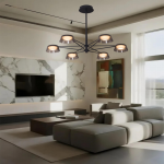 The Stellar 6-light smoked acrylic sputnik chandelier hanging over a modern grey sofa in a high-ceiling living room
