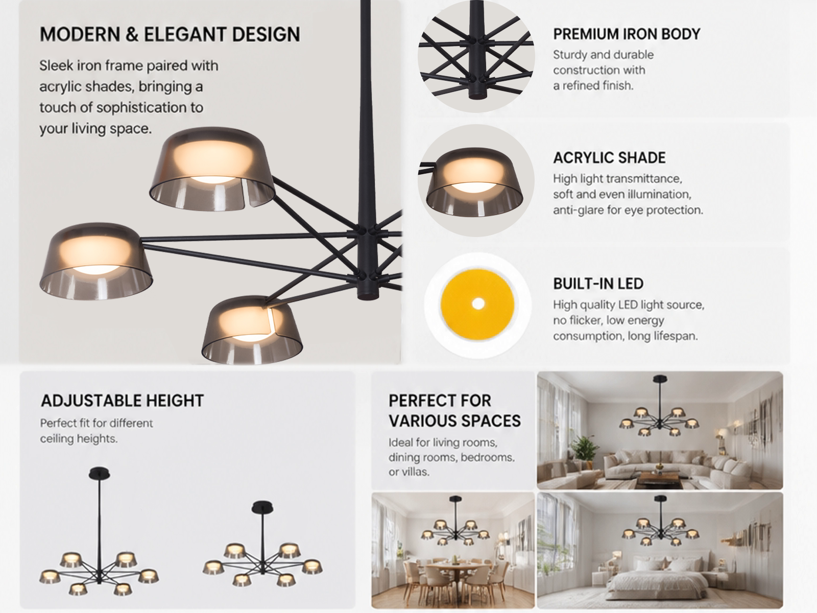 The Stellar 6-arm matte black iron modern chandelier with illuminated smoked grey acrylic cup shades