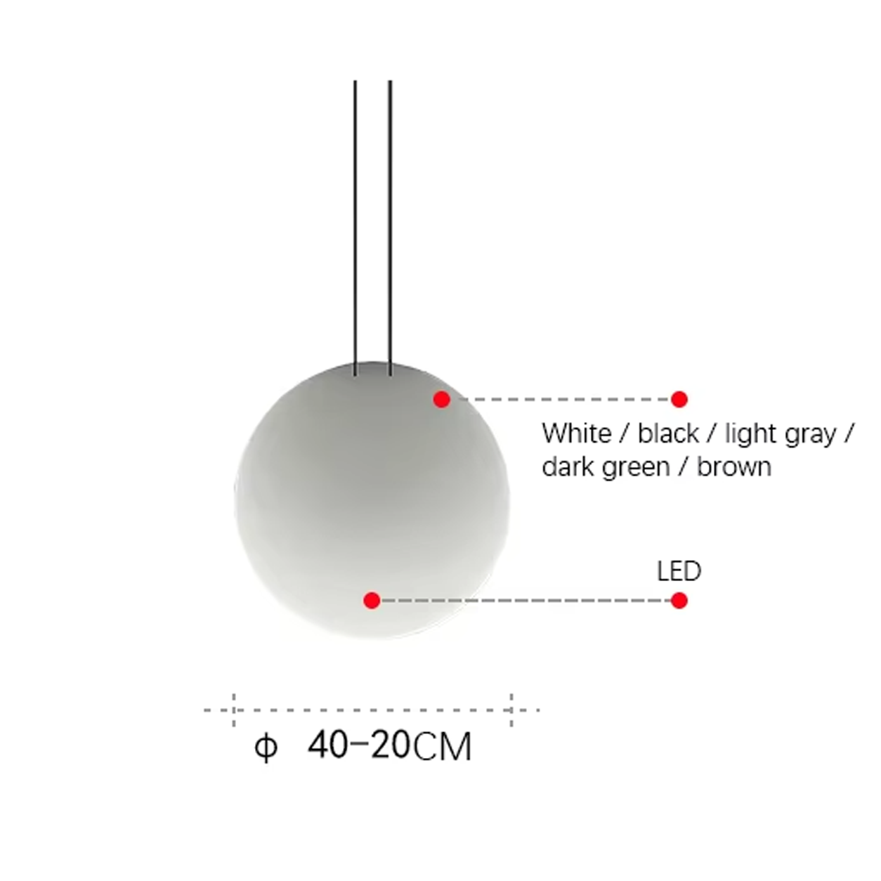 Close-up of matte grey, black, and white polyresin disc light shades showing crescent LED illumination and metal suspension cords