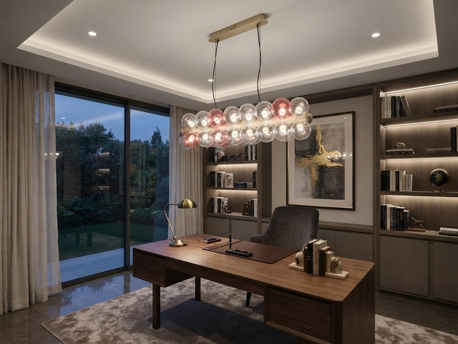 The Cell linear glass globe bubble chandelier with champagne gold textured core and pink accent globes