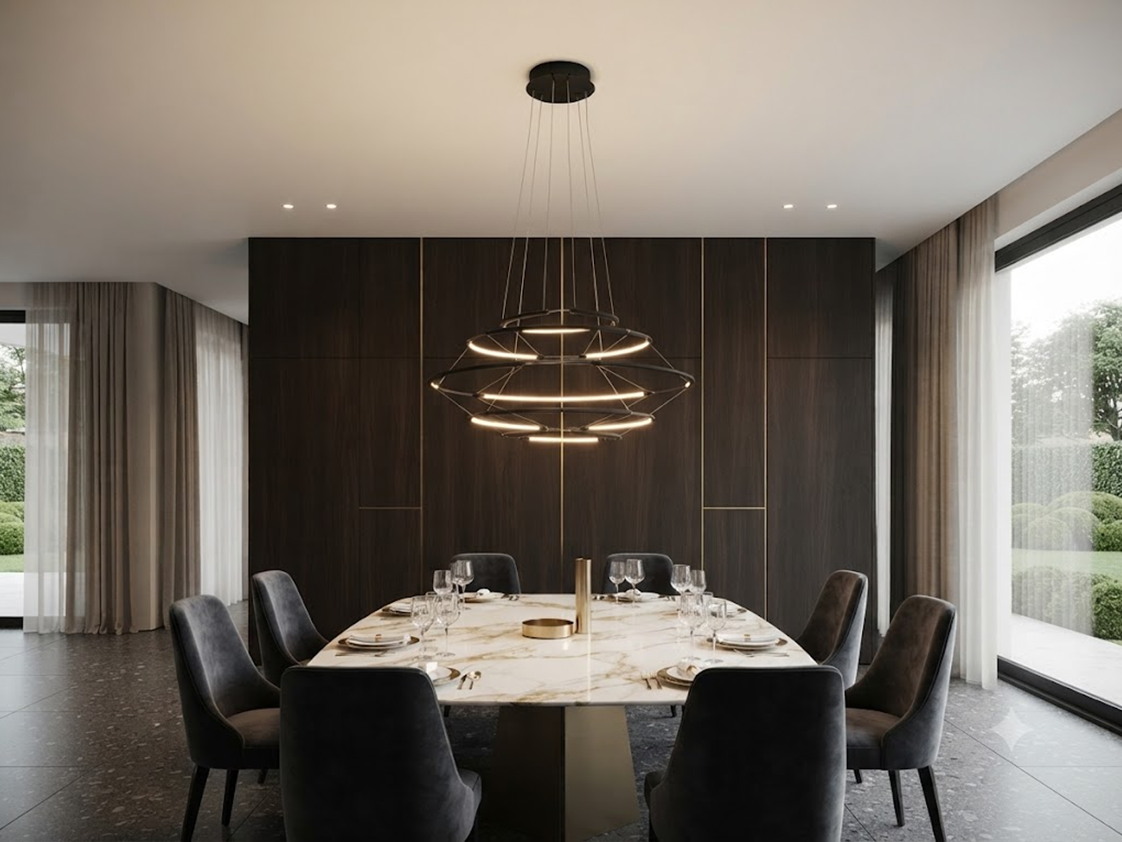 The Orbital Mesh multi tier LED ring chandelier hanging over a round dining table in a modern sunroom nook