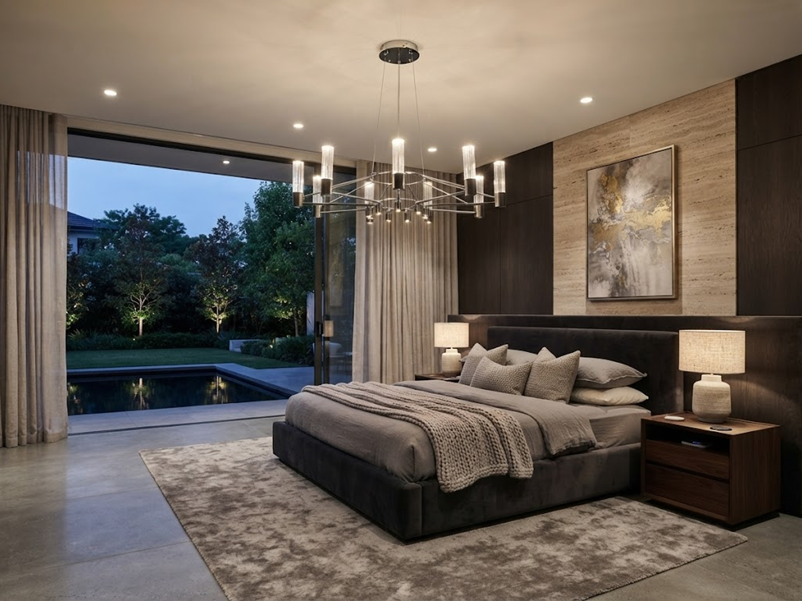 The Crown multi light fluted glass ring chandelier suspended over a modern sectional sofa in a high ceiling living room