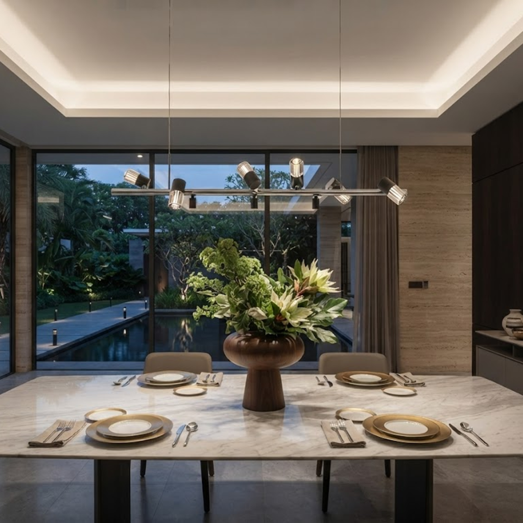 The Metro linear adjustable spotlight chandelier suspended over a modern marble kitchen island