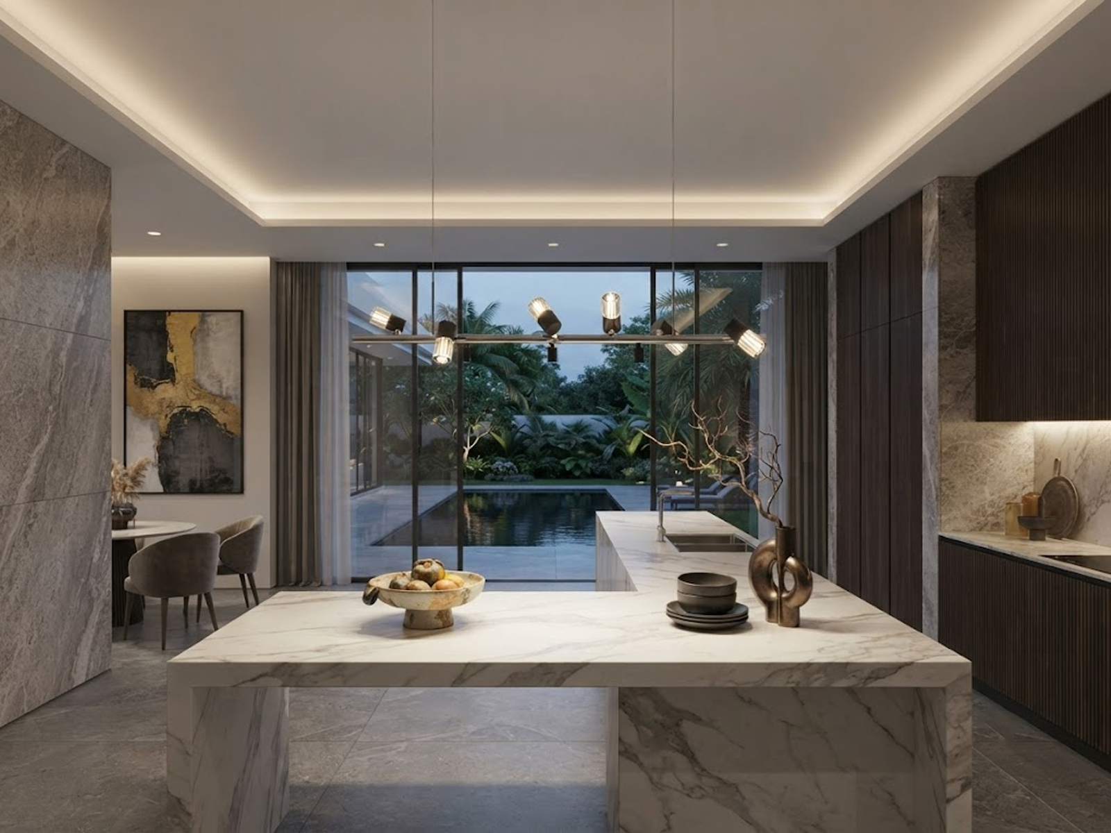 The Metro linear adjustable spotlight chandelier suspended over a modern marble kitchen island