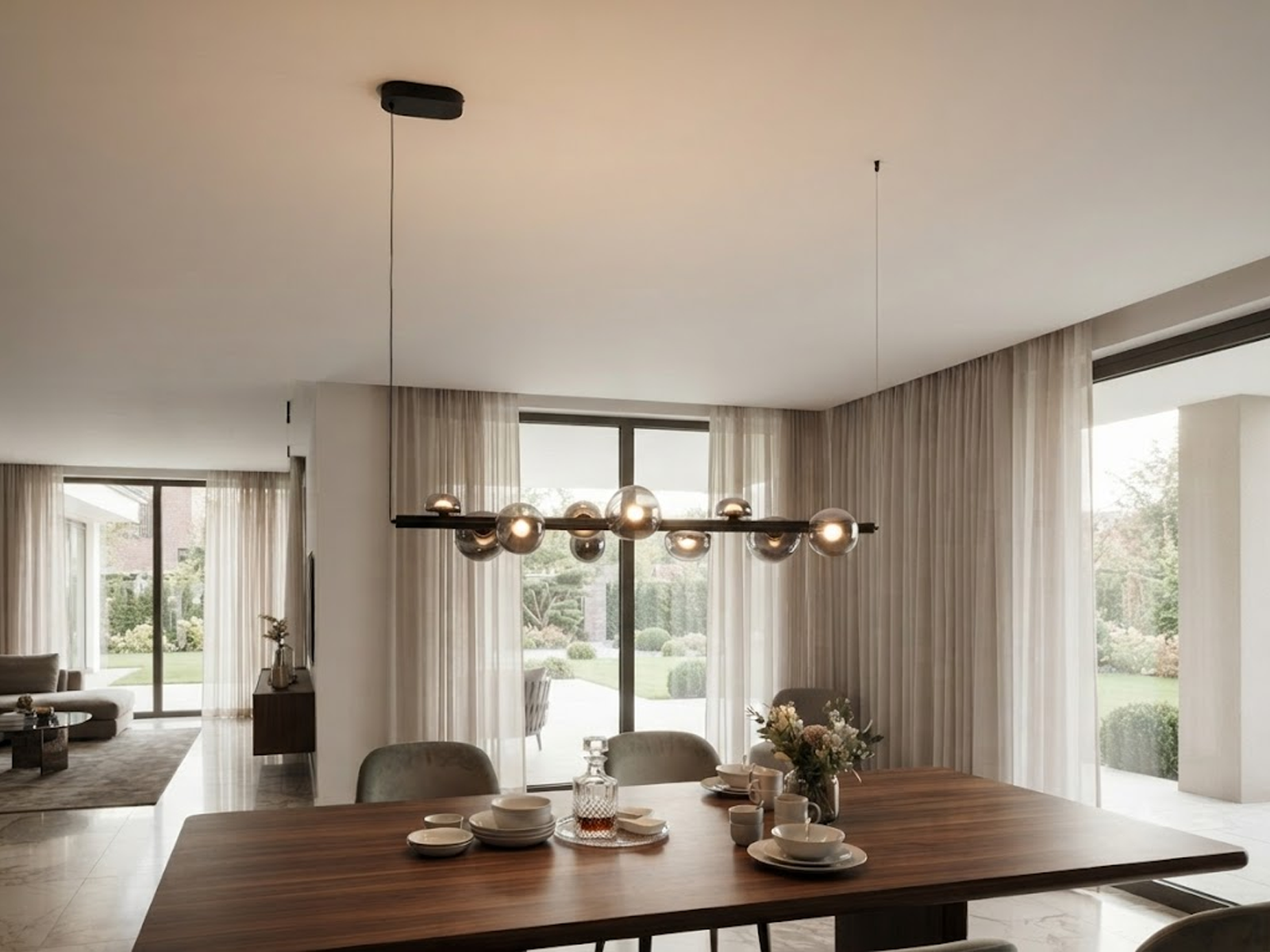 The Constellation smoky glass sphere linear chandelier hanging over a modern marble reception desk