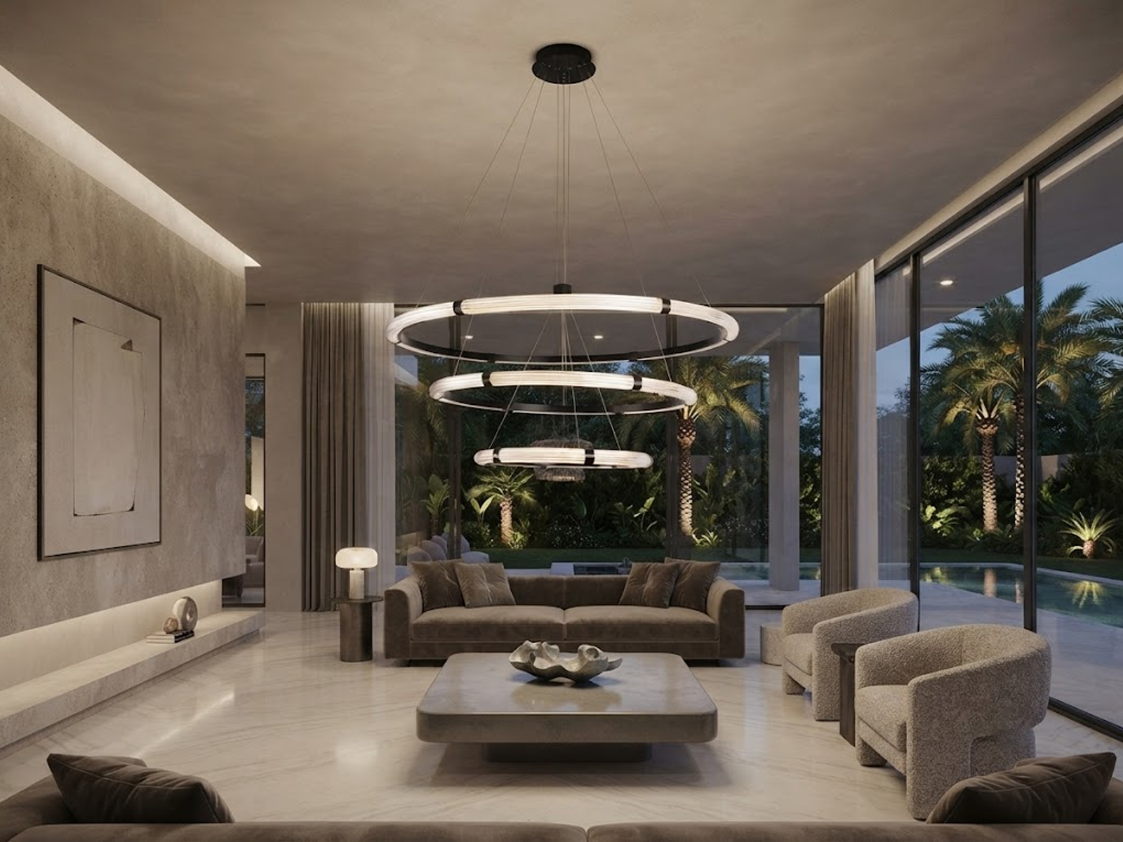 The Aura 3 tier fluted acrylic LED ring chandelier hanging in a modern double height ceiling living room