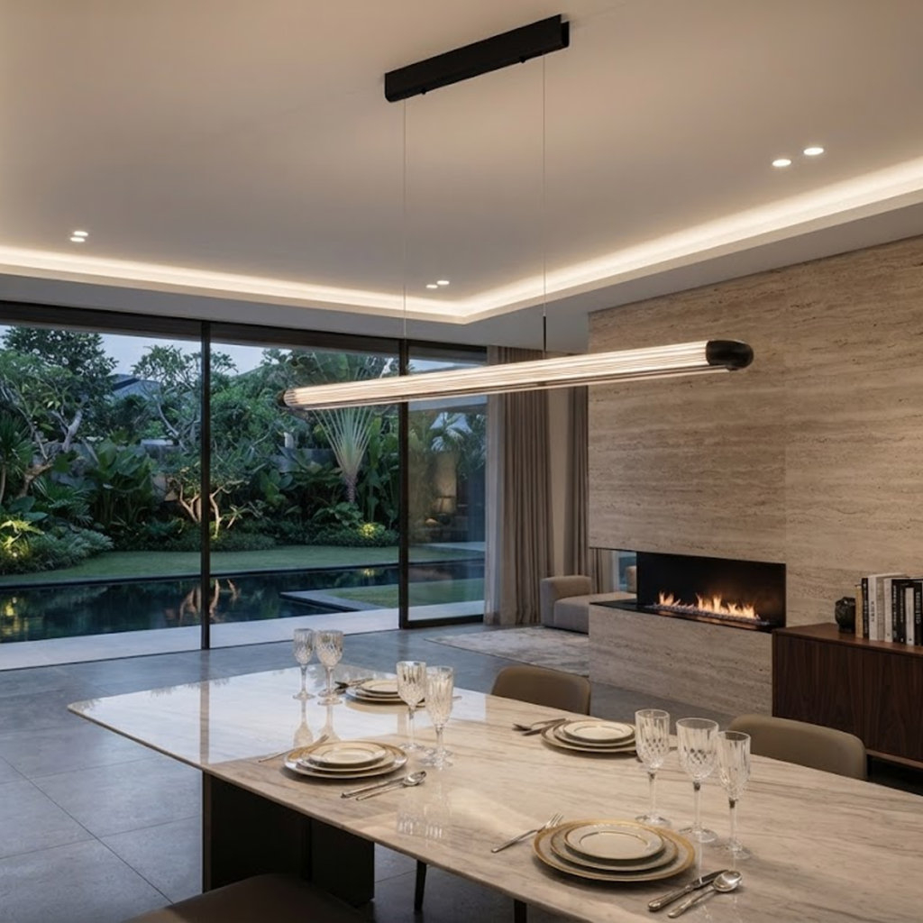 The Ray fluted acrylic linear LED pendant light suspended over a large marble dining table in a luxury home