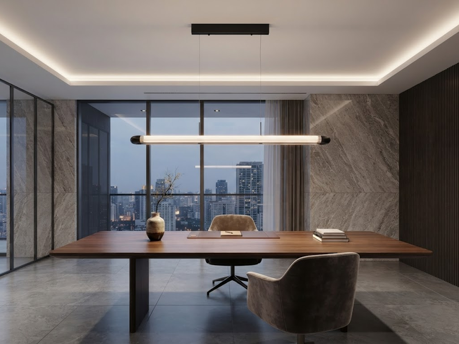 The Ray modern matte black linear pendant light with ribbed clear acrylic tube diffuser