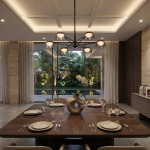 The Stellar 6-light smoked acrylic sputnik chandelier hanging over a modern grey sofa in a high-ceiling living room