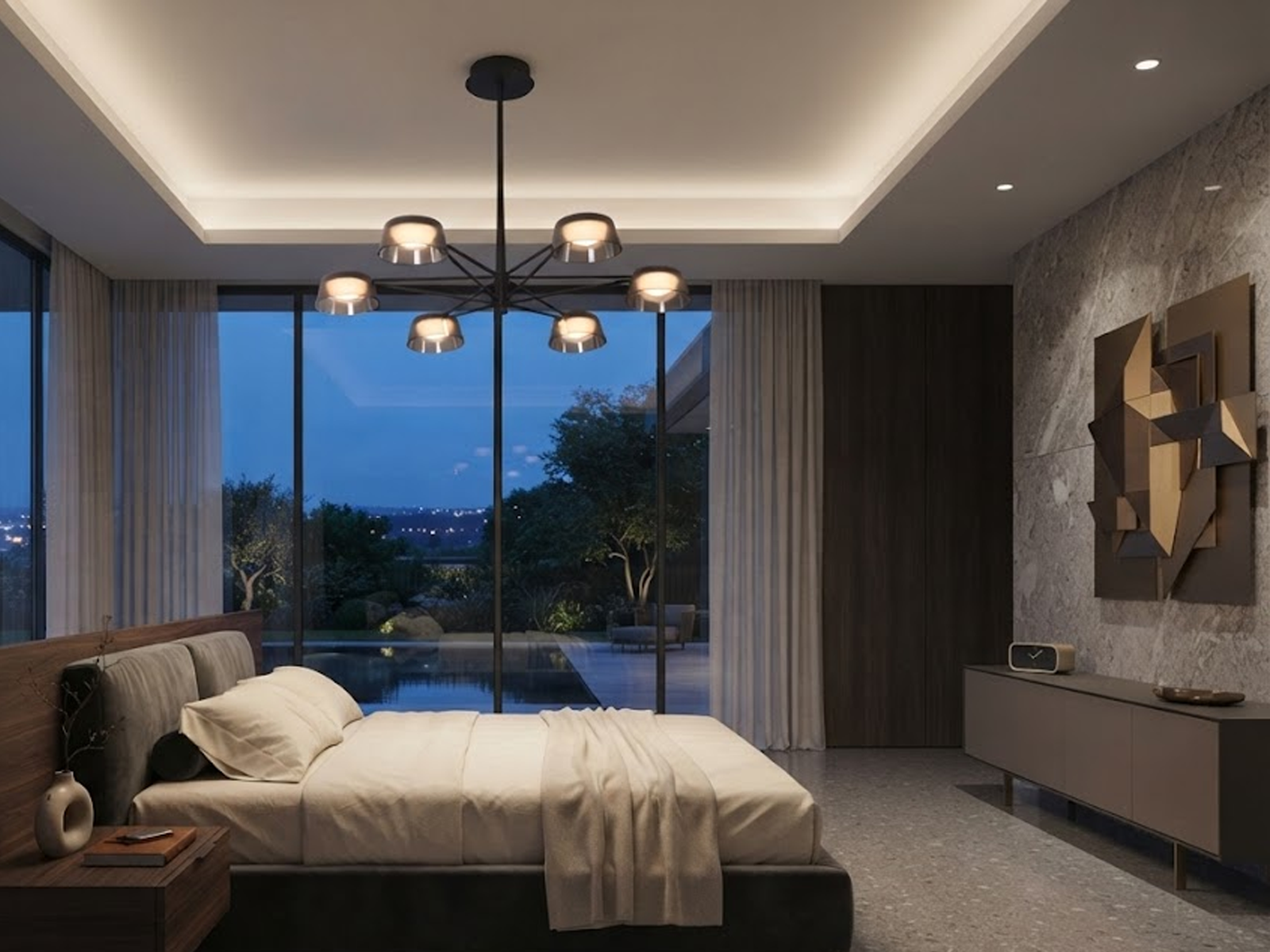 The Stellar 6-light smoked acrylic sputnik chandelier hanging over a modern grey sofa in a high-ceiling living room