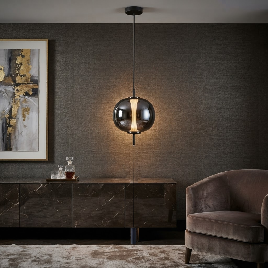 The Solstice modern glass globe pendant light suspended with bottom counterweight cylinder