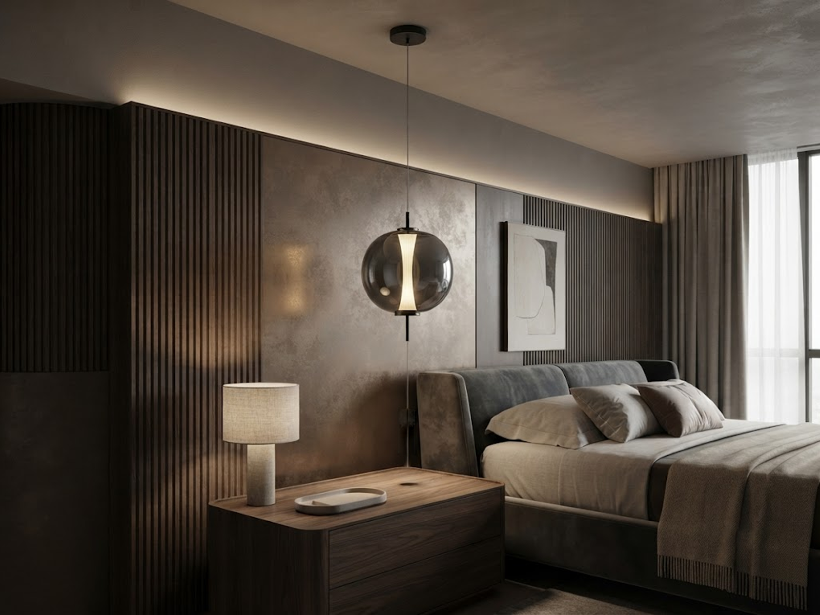 The Solstice modern glass globe pendant light suspended with bottom counterweight cylinder