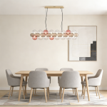 The Cell linear glass globe bubble chandelier with champagne gold textured core and pink accent globes