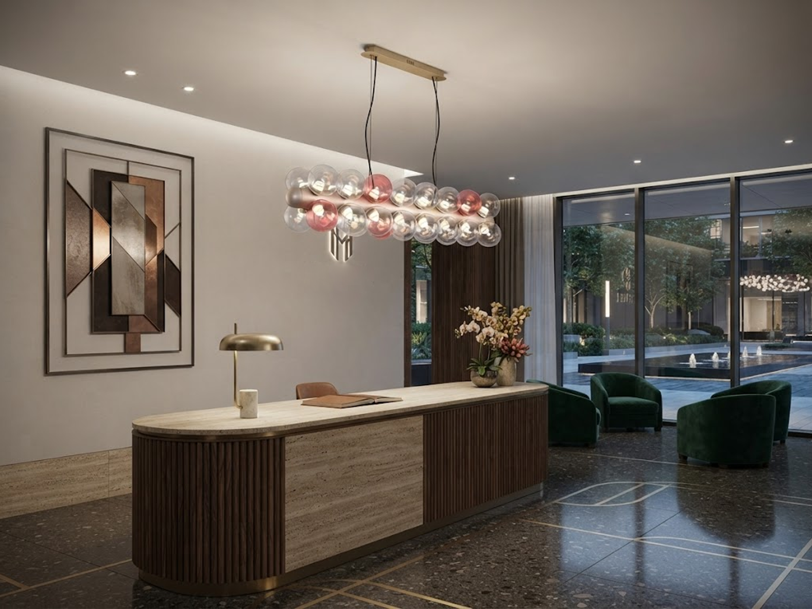 The Cell linear glass globe bubble chandelier with champagne gold textured core and pink accent globes