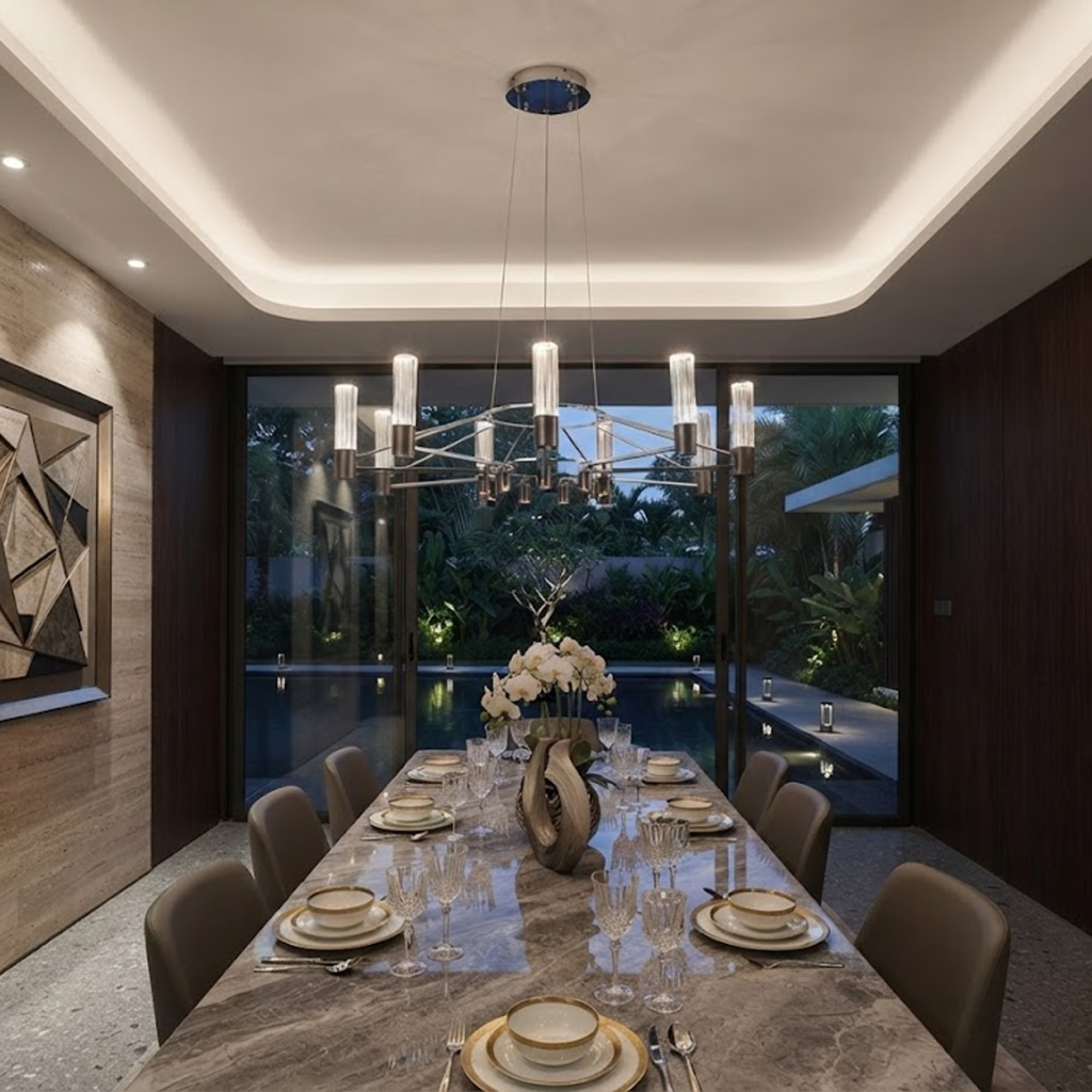 The Crown multi light fluted glass ring chandelier suspended over a modern sectional sofa in a high ceiling living room