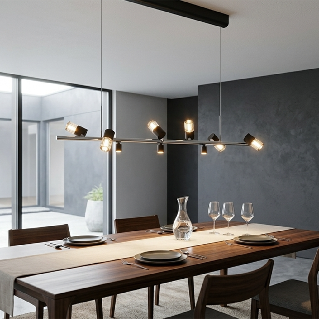 The Metro linear adjustable spotlight chandelier suspended over a modern marble kitchen island