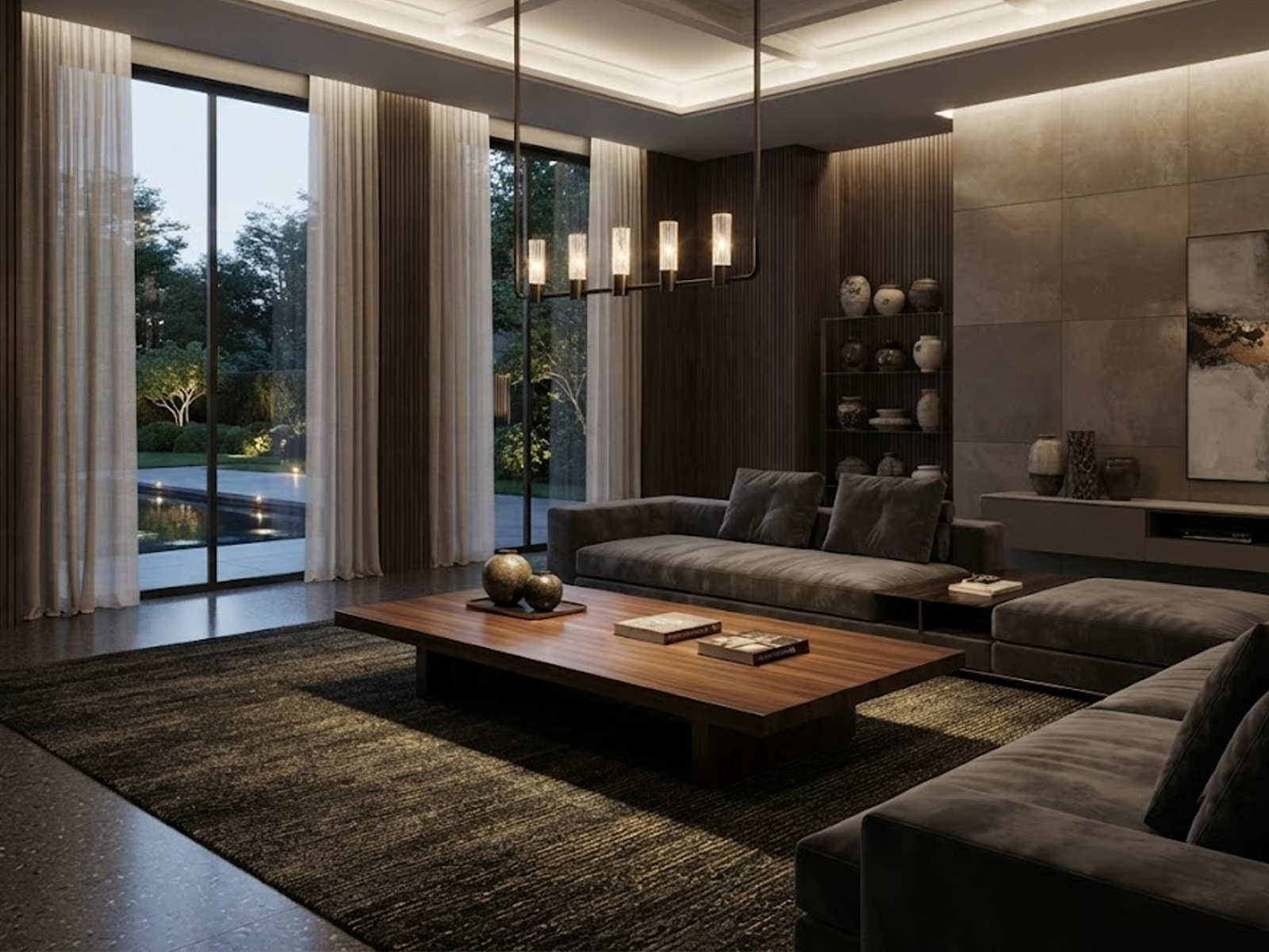 The Atelier matte black rectangular linear chandelier hanging over a wooden dining table in a luxury apartment