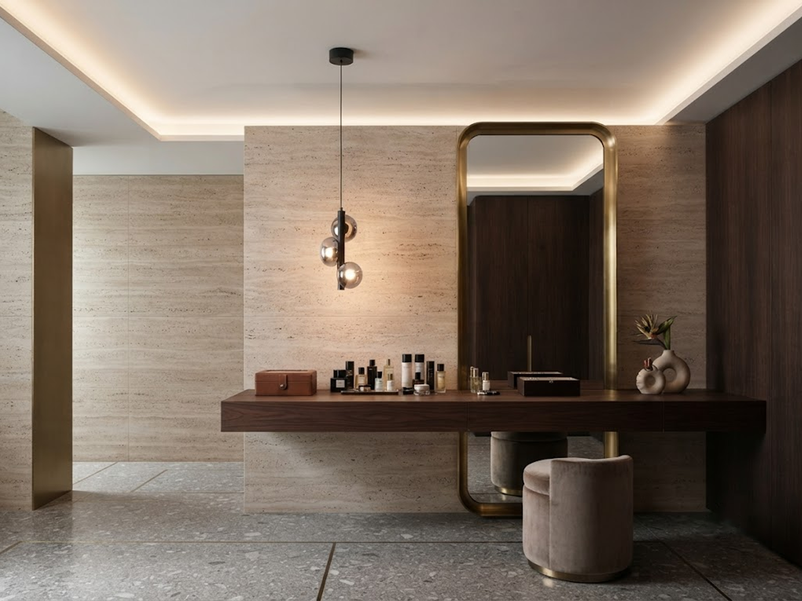 The Stellar mini pendant chandelier featuring three smoky glass orb shades on vertical black column