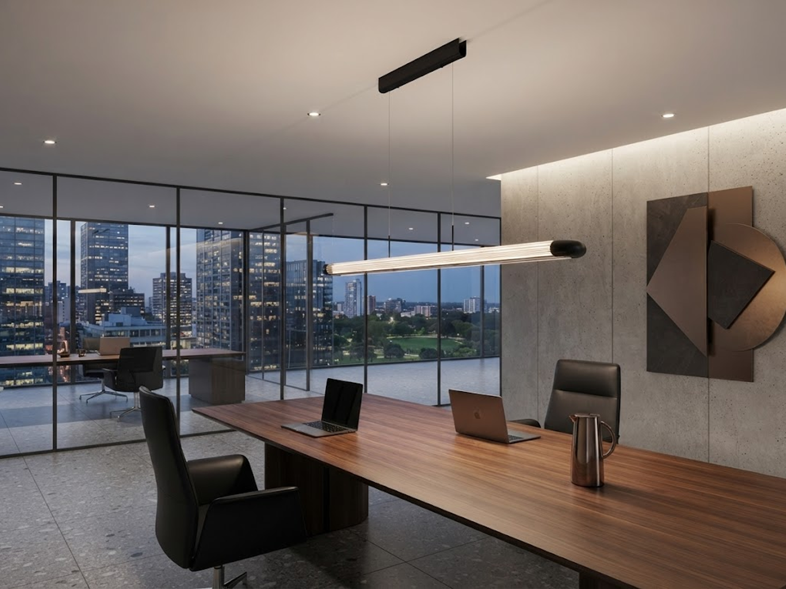 The Ray fluted acrylic linear LED pendant light suspended over a large marble dining table in a luxury home