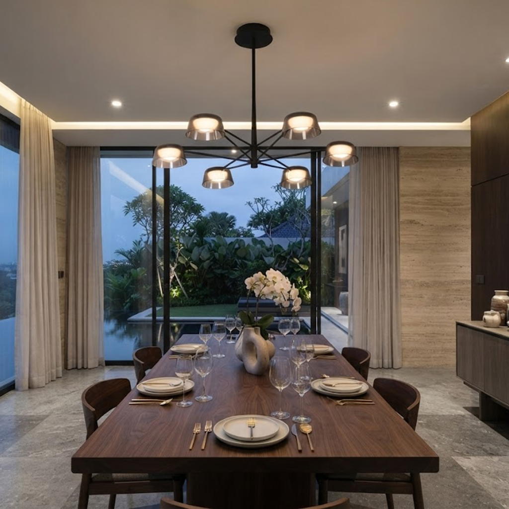 The Stellar 6-light smoked acrylic sputnik chandelier hanging over a modern grey sofa in a high-ceiling living room