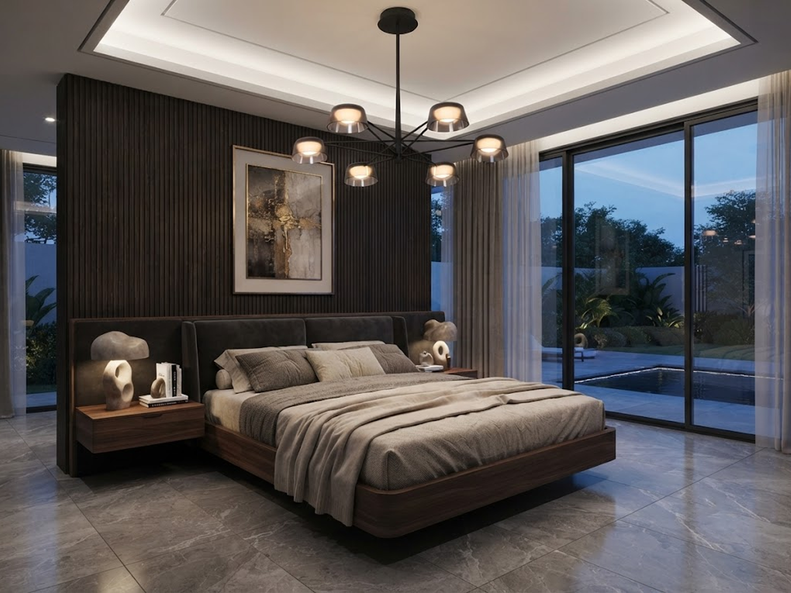 The Stellar 6-light smoked acrylic sputnik chandelier hanging over a modern grey sofa in a high-ceiling living room