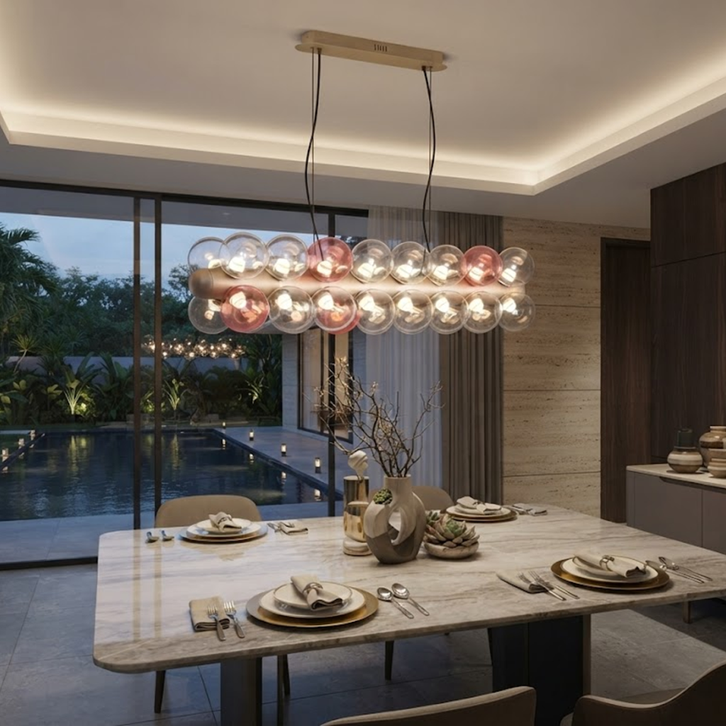 The Cell linear glass globe bubble chandelier with champagne gold textured core and pink accent globes
