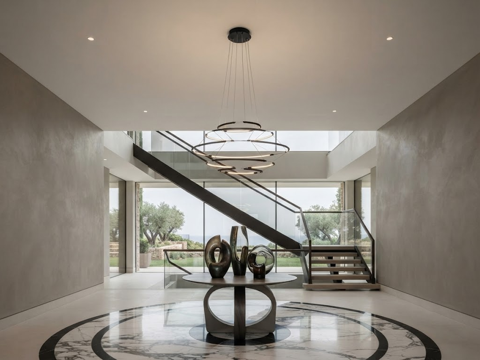 The Orbital Mesh multi tier LED ring chandelier hanging over a round dining table in a modern sunroom nook