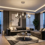 The Crown multi light fluted glass ring chandelier suspended over a modern sectional sofa in a high ceiling living room