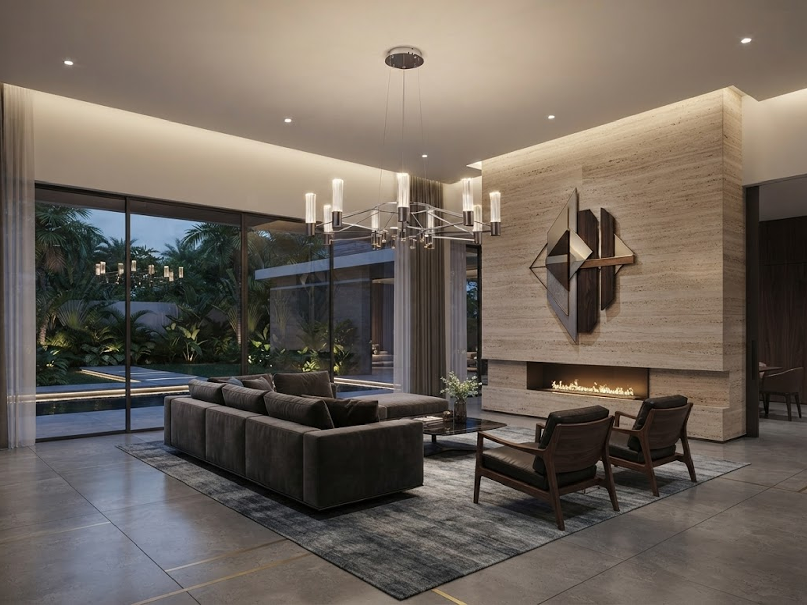 The Crown multi light fluted glass ring chandelier suspended over a modern sectional sofa in a high ceiling living room