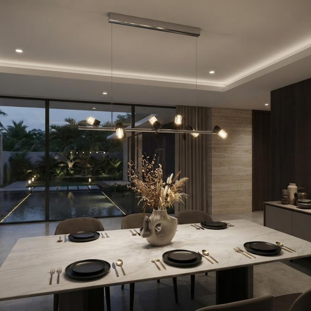 The Metro linear adjustable spotlight chandelier suspended over a modern marble kitchen island
