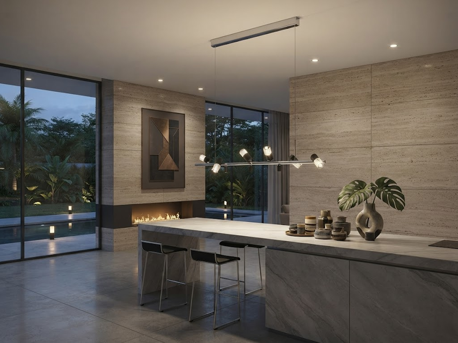 The Metro linear adjustable spotlight chandelier suspended over a modern marble kitchen island