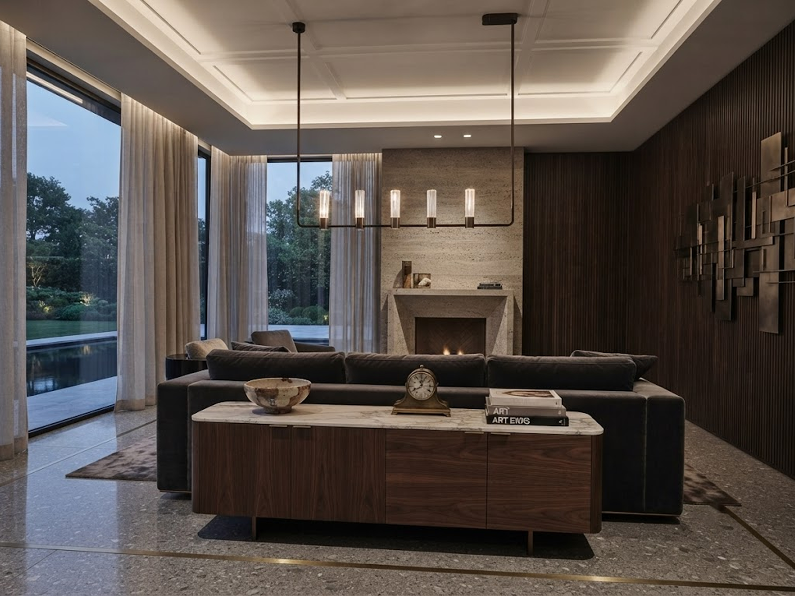 The Atelier matte black rectangular linear chandelier hanging over a wooden dining table in a luxury apartment