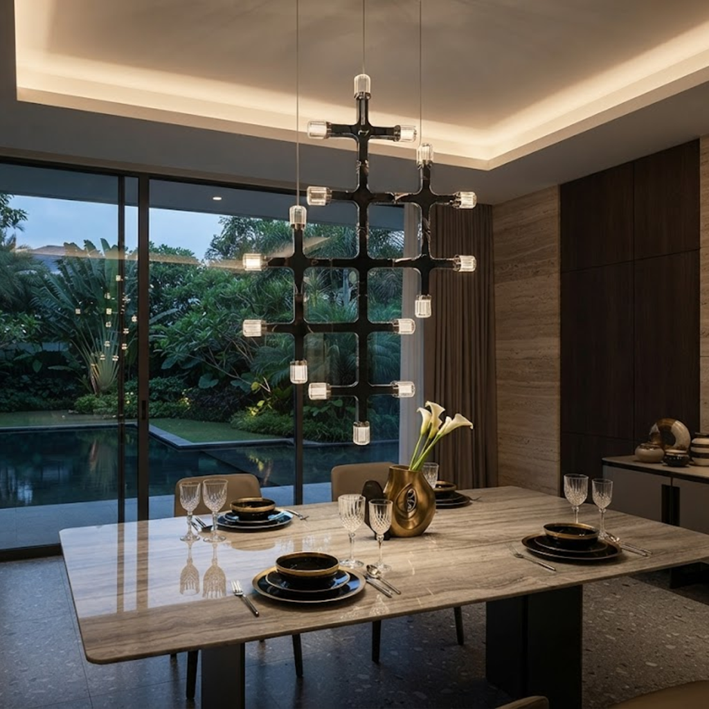 The Lattice modular chrome grid chandelier with multi directional crystal light heads hanging against wall