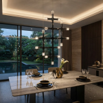 The Lattice modular chrome grid chandelier with multi directional crystal light heads hanging against wall