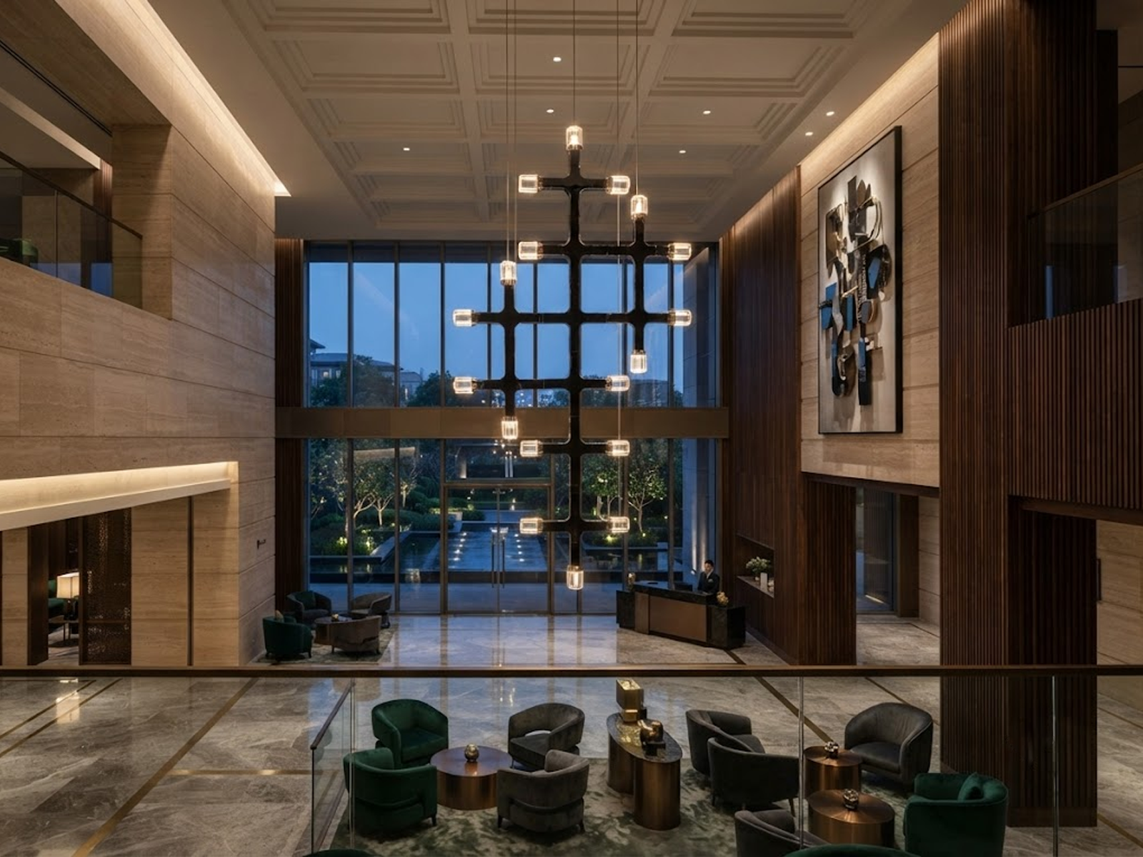 The Lattice modular chrome grid chandelier with multi directional crystal light heads hanging against wall