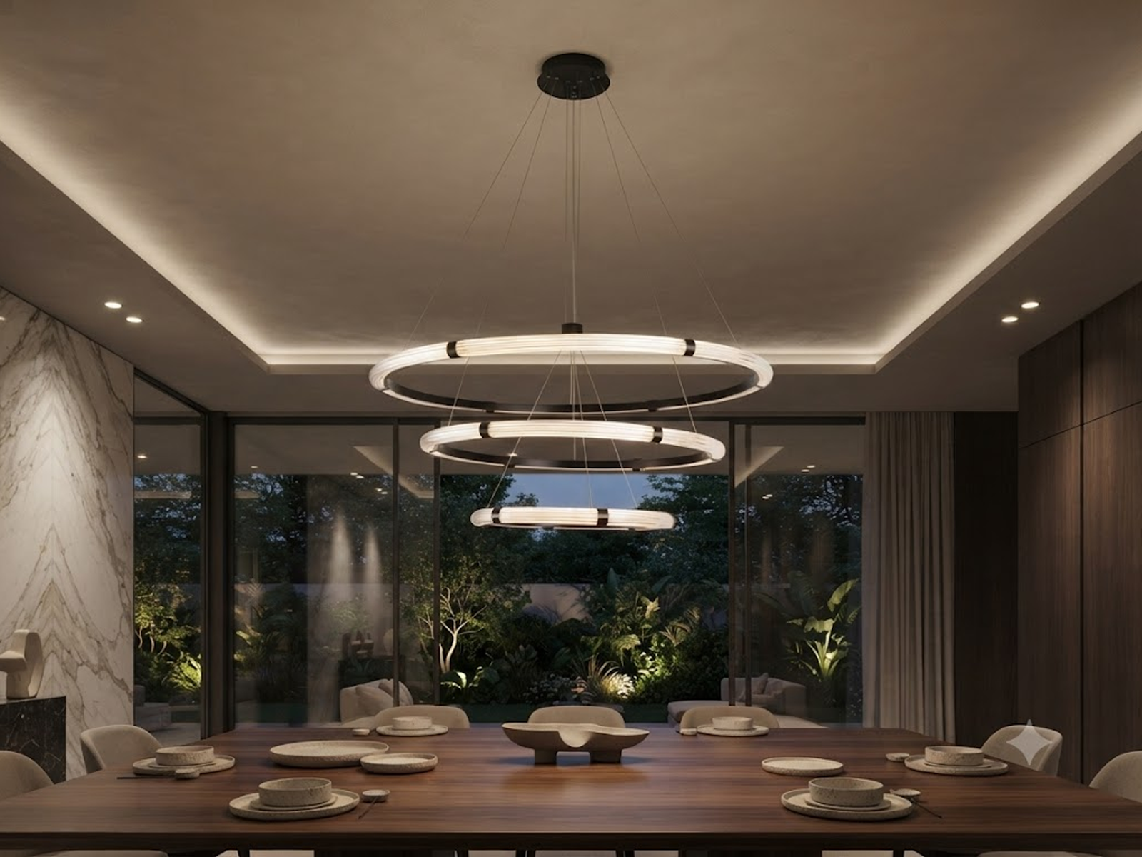 The Aura 3 tier fluted acrylic LED ring chandelier hanging in a modern double height ceiling living room