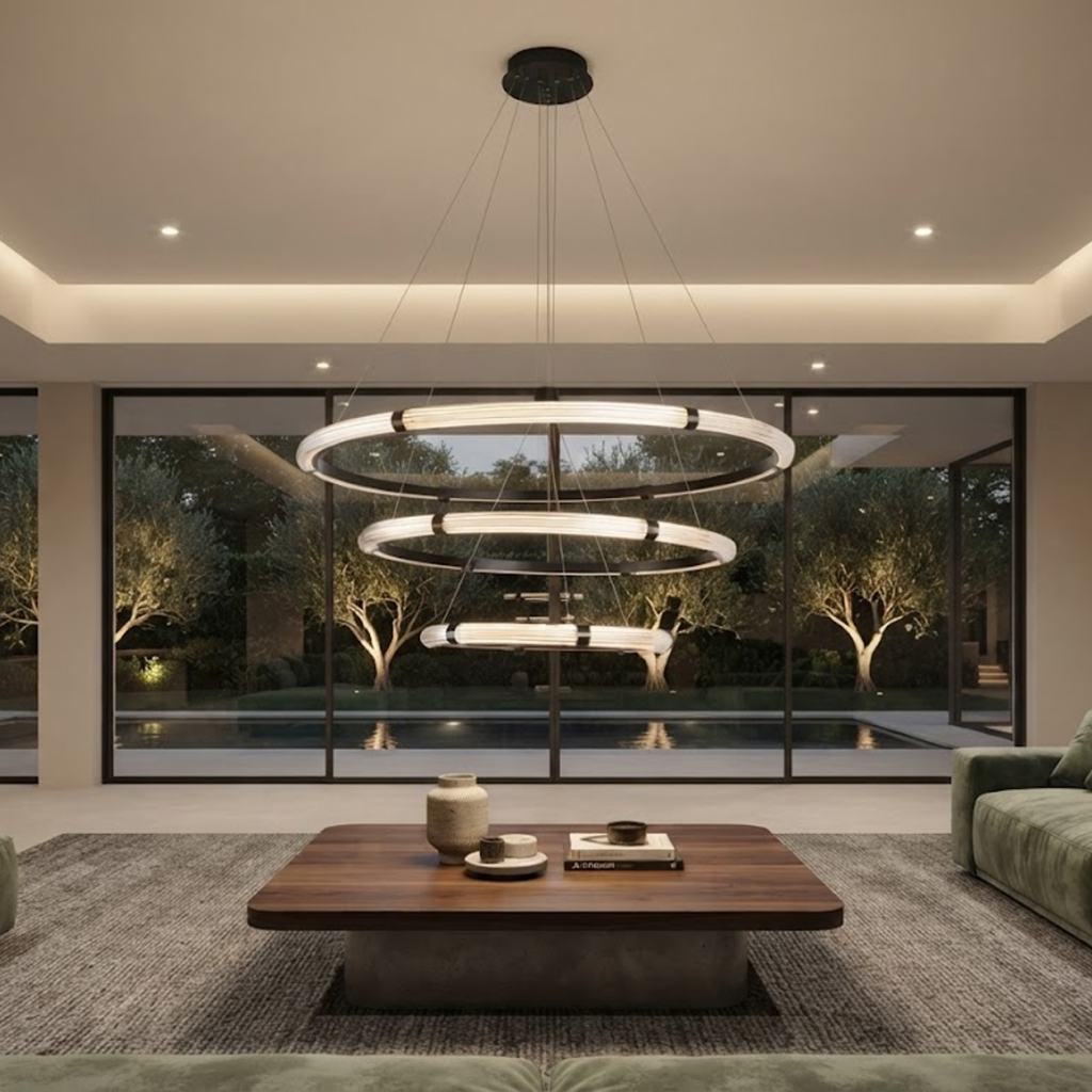 The Aura 3 tier fluted acrylic LED ring chandelier hanging in a modern double height ceiling living room