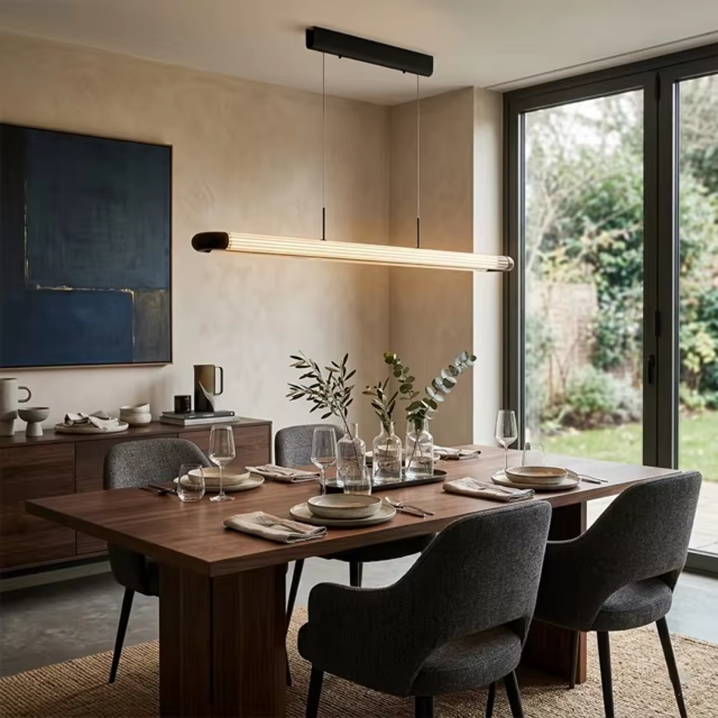 The Ray fluted acrylic linear LED pendant light suspended over a large marble dining table in a luxury home