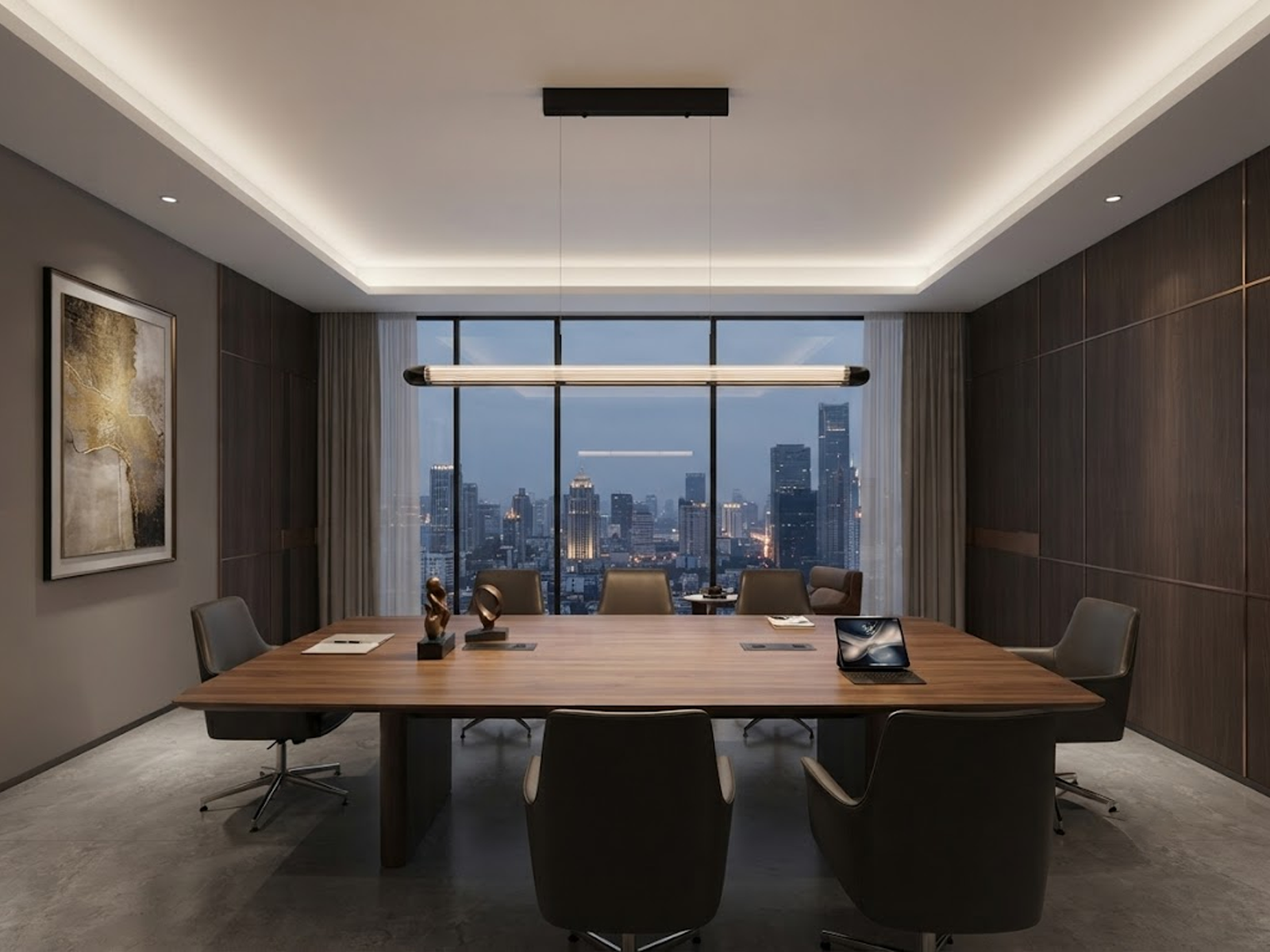 The Ray fluted acrylic linear LED pendant light suspended over a large marble dining table in a luxury home