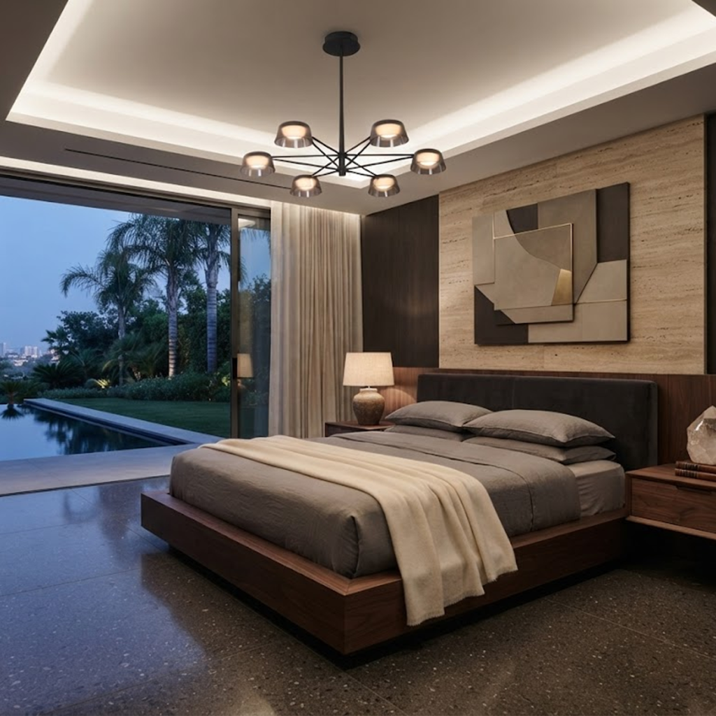The Stellar 6-light smoked acrylic sputnik chandelier hanging over a modern grey sofa in a high-ceiling living room